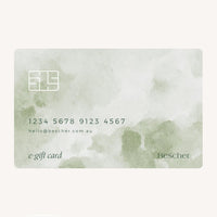 A digital gift card from Bescher with a green watercolor design, including a card number and email address for customer service.