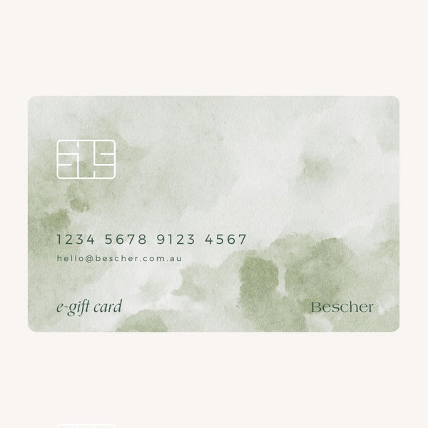 A digital gift card from Bescher with a green watercolor design, including a card number and email address for customer service.